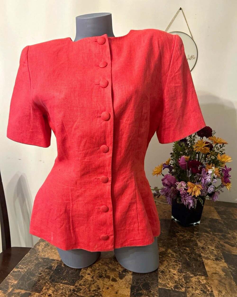 Althuser Coral Linen Woven Short Sleeve Button Front Round Neck Blouse 12